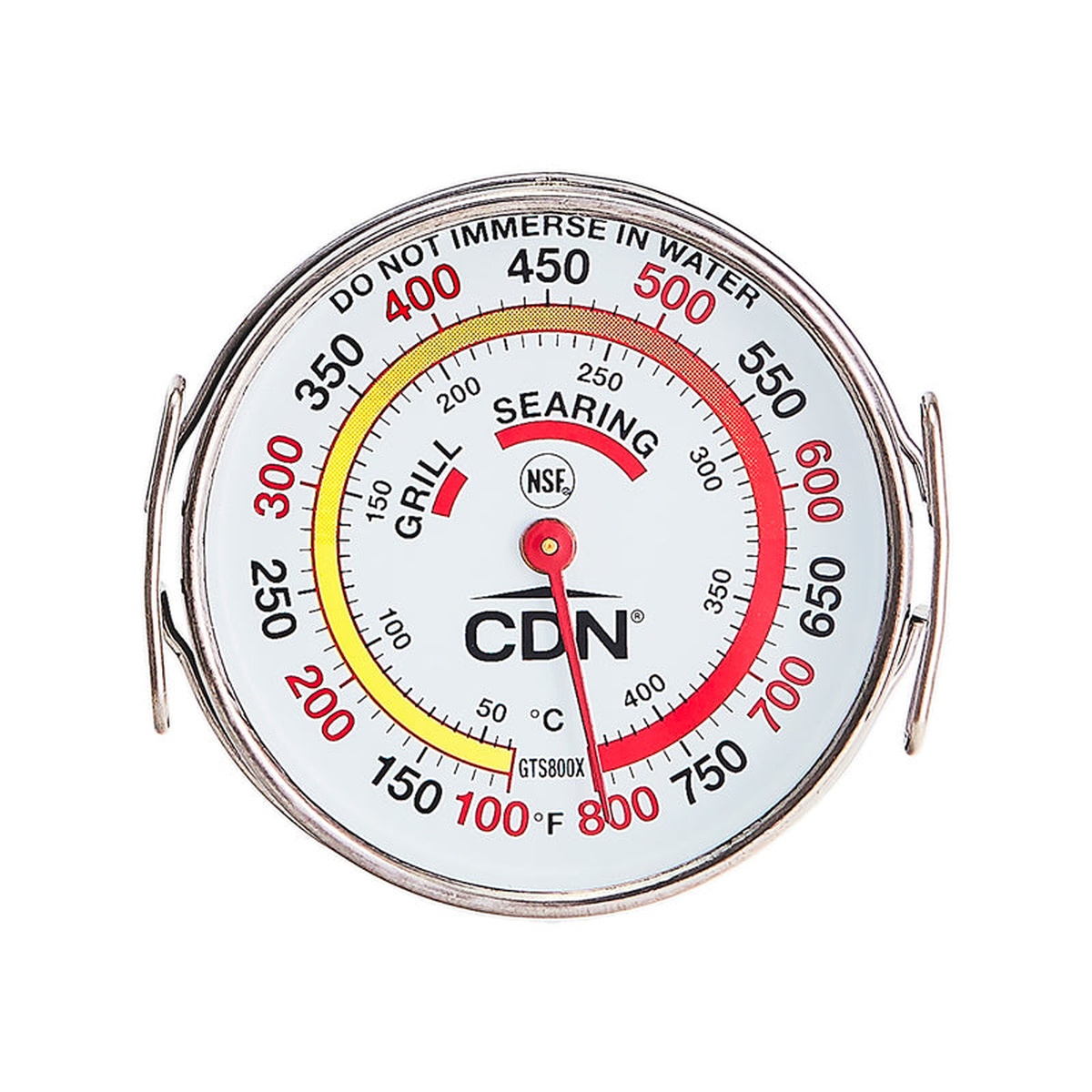 CDN GTS800X Grill Thermometer direct front view of white dial face showing NSF certification badge, CDN branding, Fahrenheit outer scale and Celsius inner scale