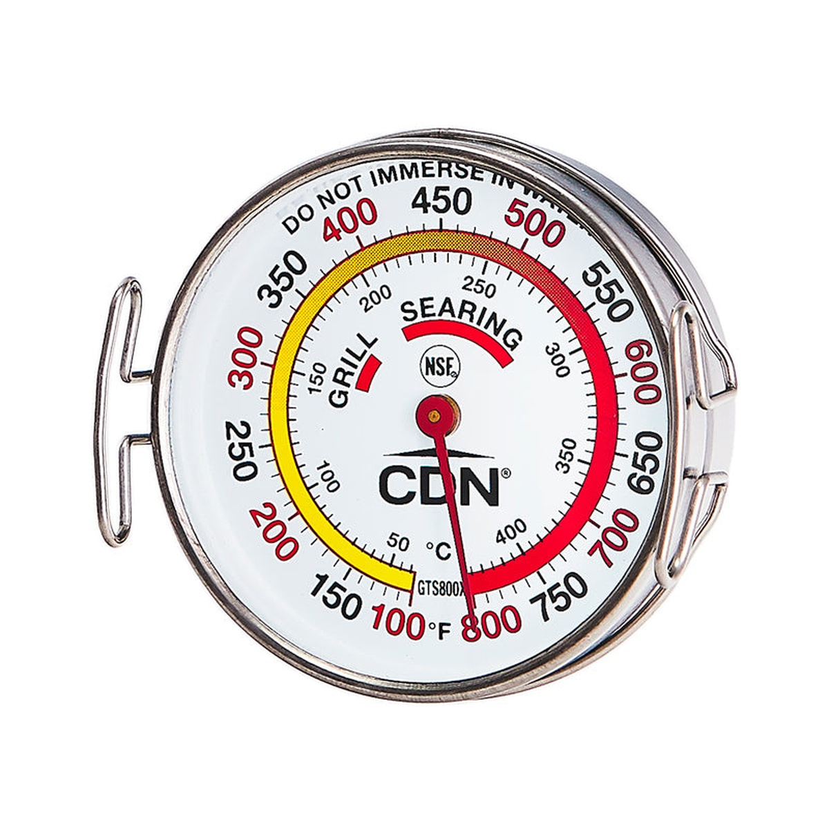 CDN GTS800X Grill Surface Thermometer angled view showing color-coded Grill and Searing zones on white dial with stainless steel housing and wire tabs