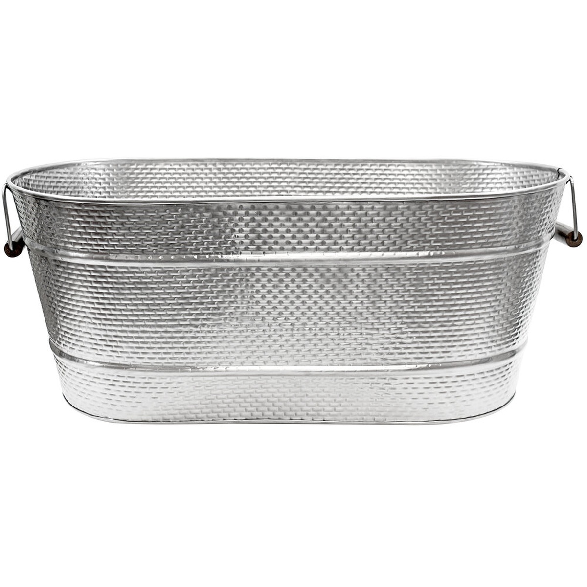 TableCraft Brickhouse stainless steel beverage tub with brick-texture embossed exterior and swing handles