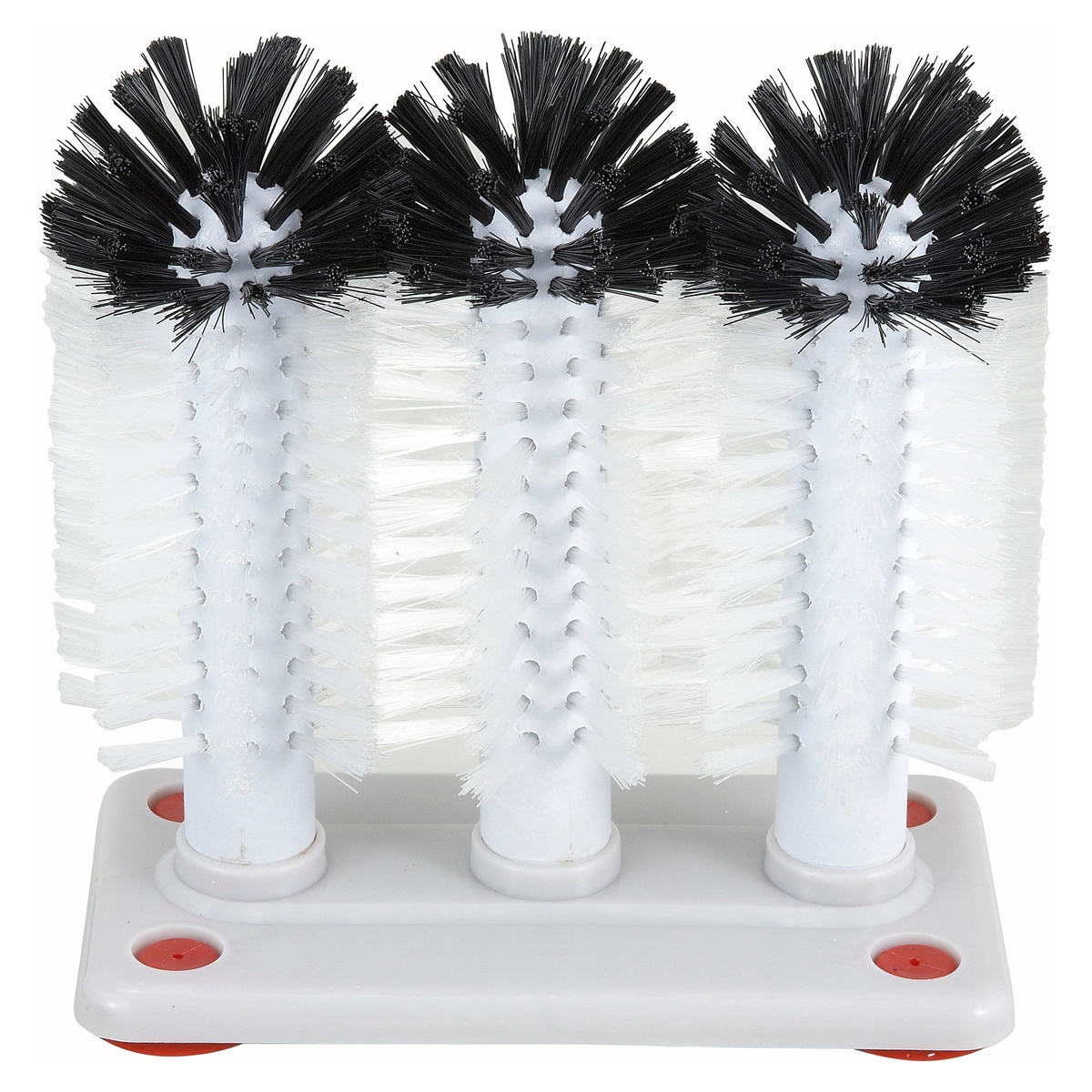 Winco GWB-3 three-brush manual glass washer with white plastic base and four red suction feet