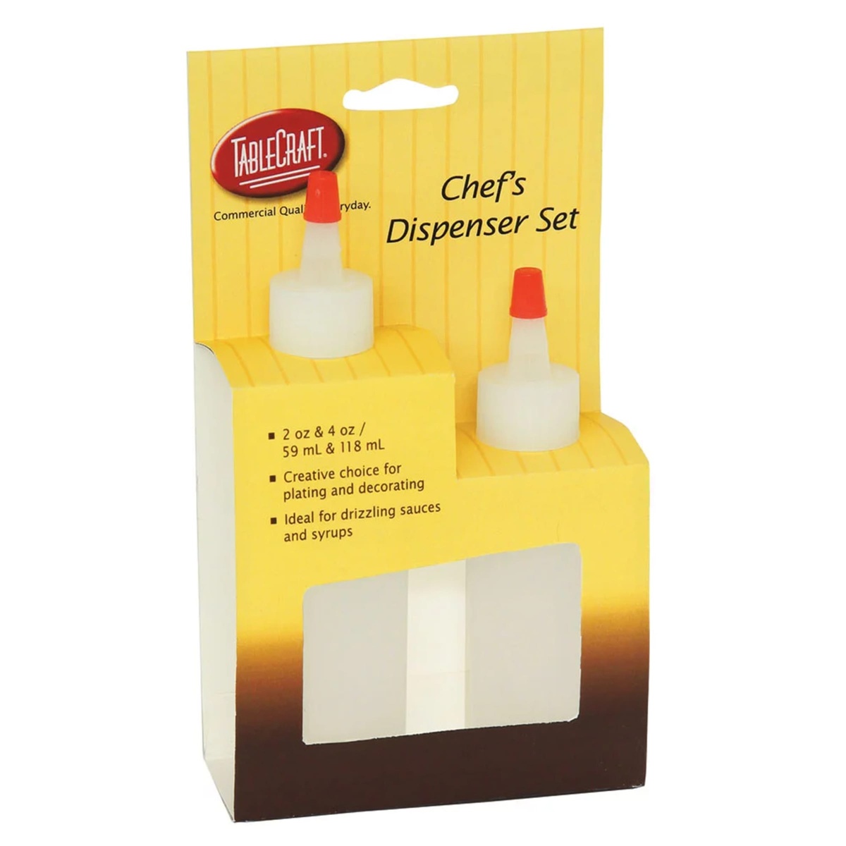 Tablecraft H110204 Chef's Dispenser Set in retail carded packaging showing 2 oz and 4 oz bottle sizes