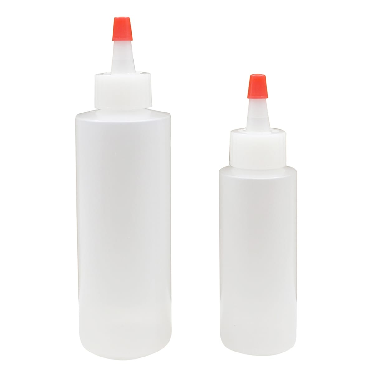 Tablecraft H110204 two natural-finish squeeze bottles with red tip caps on white background