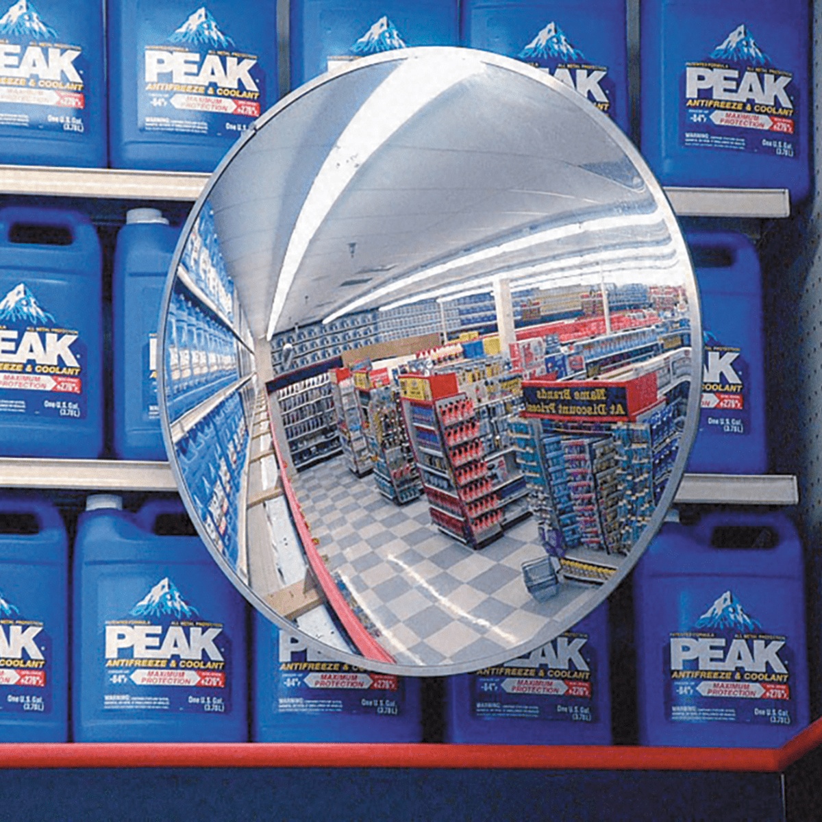 26-inch round convex security mirror reflecting wide-angle view of a retail store aisle