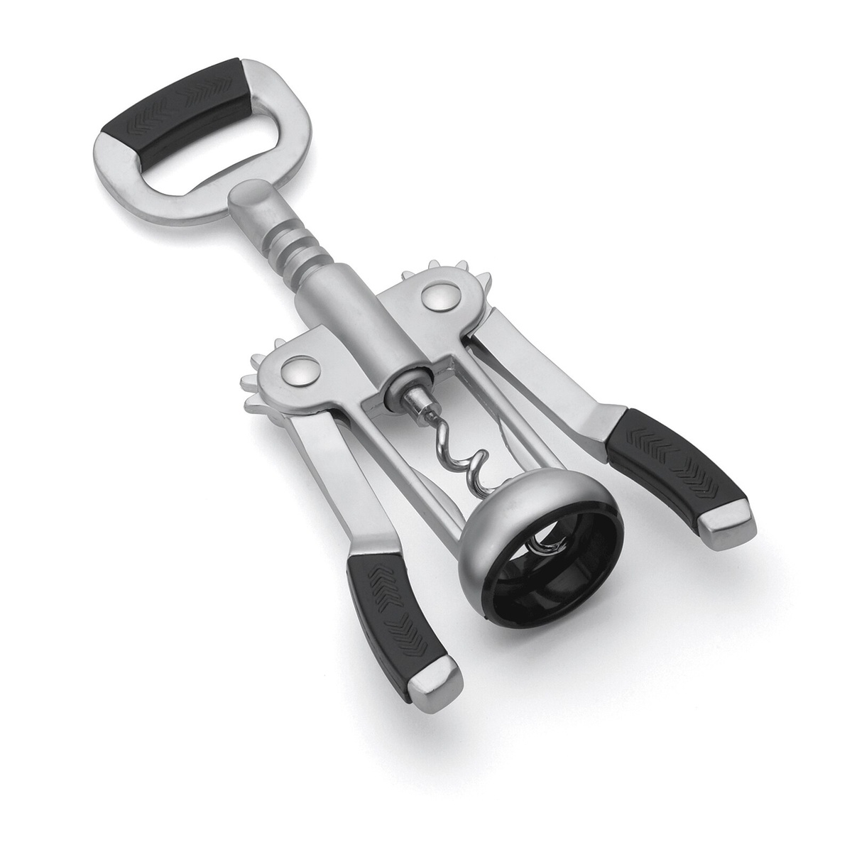 TableCraft H1229 premium winged corkscrew with silver satin finish and textured black grips, shown on white background