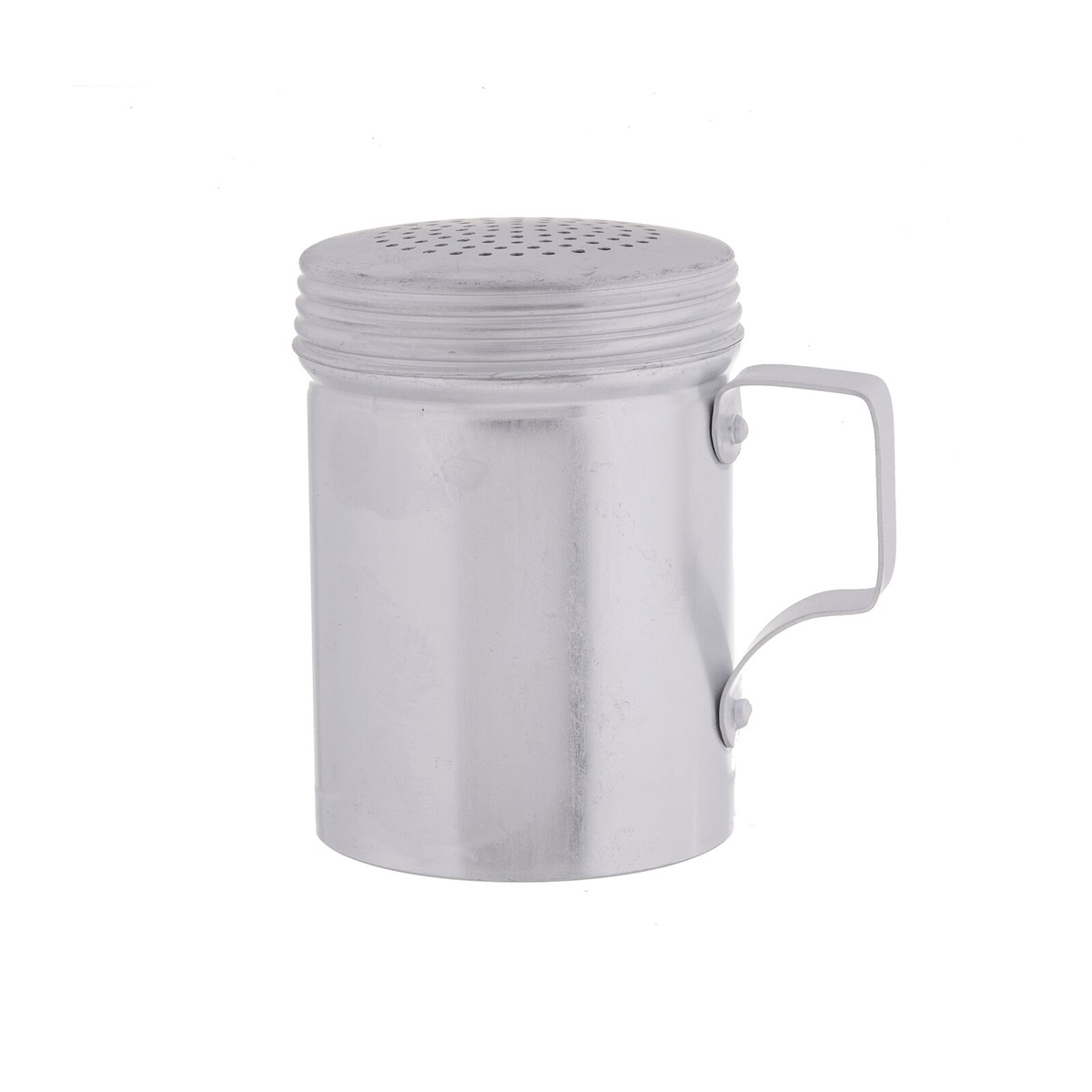 TableCraft H158 aluminum dredge elevated angle view highlighting handle and screw-on perforated lid
