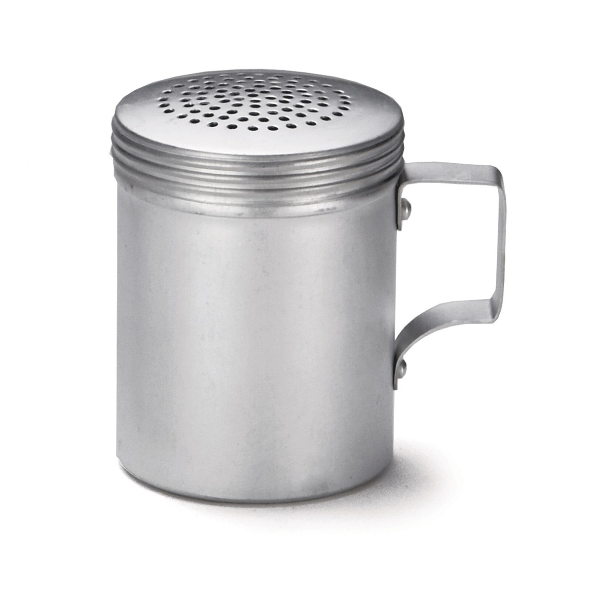 TableCraft H158 10 oz aluminum dredge with handle, front-side view showing perforated screw-on lid
