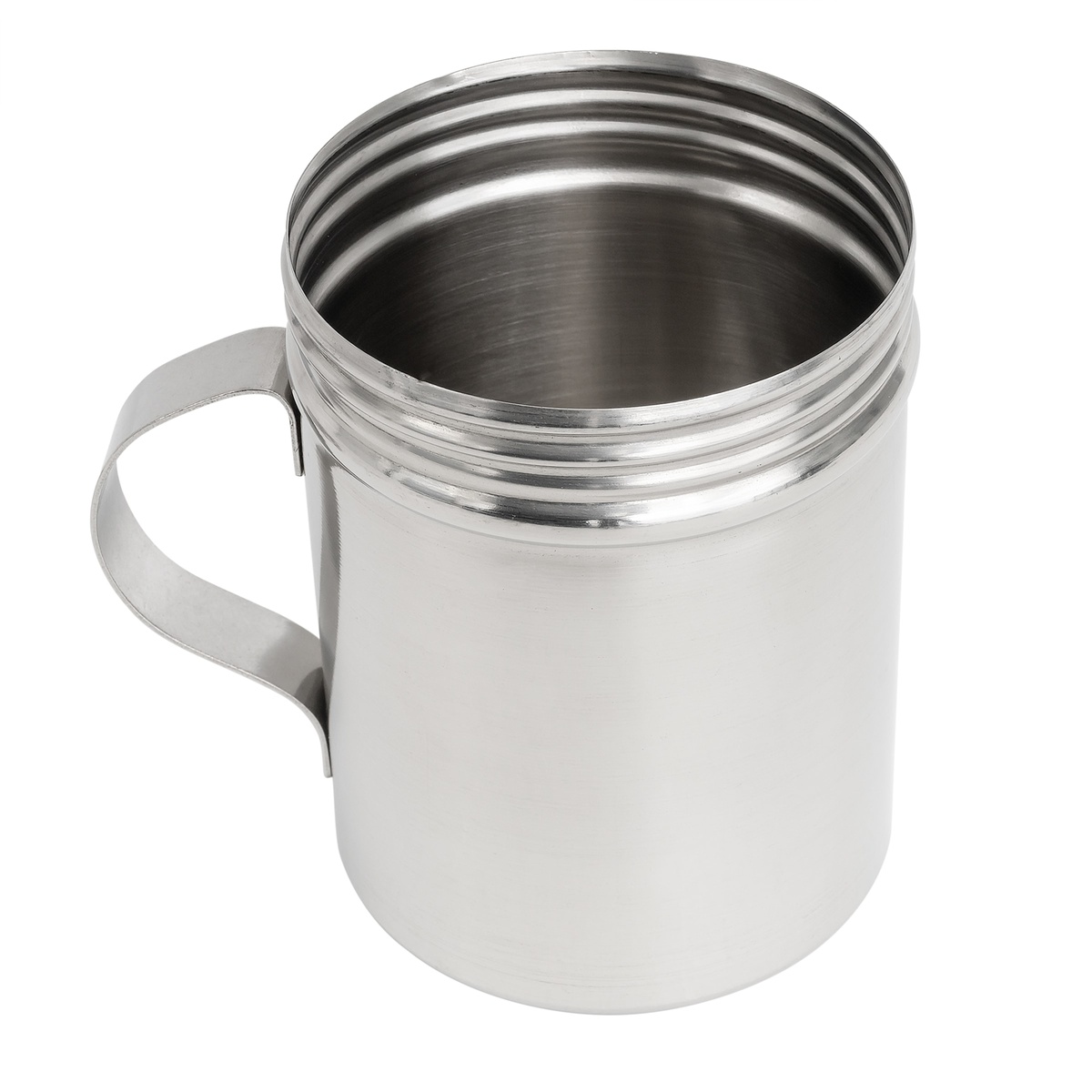 Interior view of Tablecraft H159 stainless steel dredge body without lid, showing threaded rim and handle