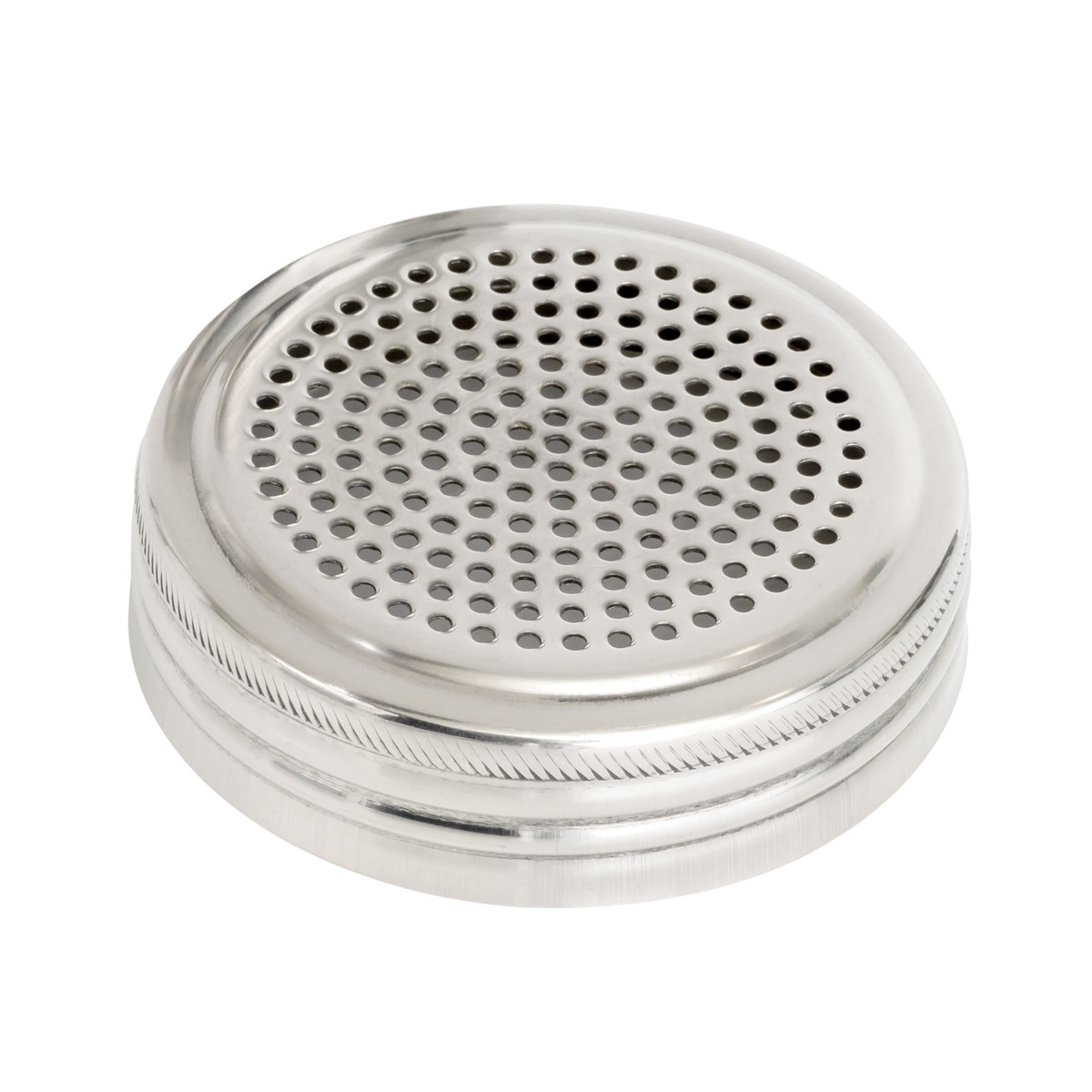 Close-up overhead view of the perforated stainless steel screw-on lid of the Tablecraft H159 dredge
