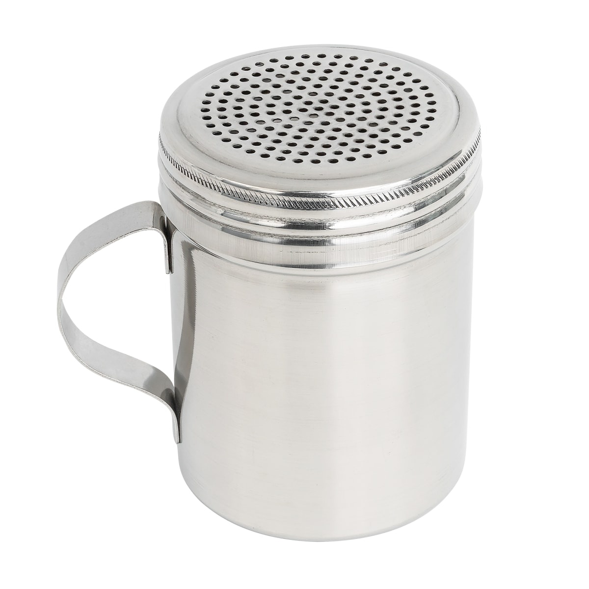 Tablecraft H159 stainless steel dredge with handle and perforated lid, assembled view