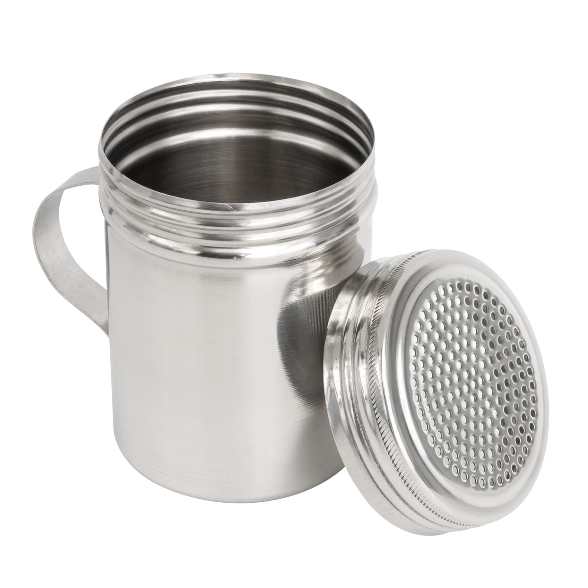 Tablecraft H159 dredge body with handle beside its removed perforated stainless lid