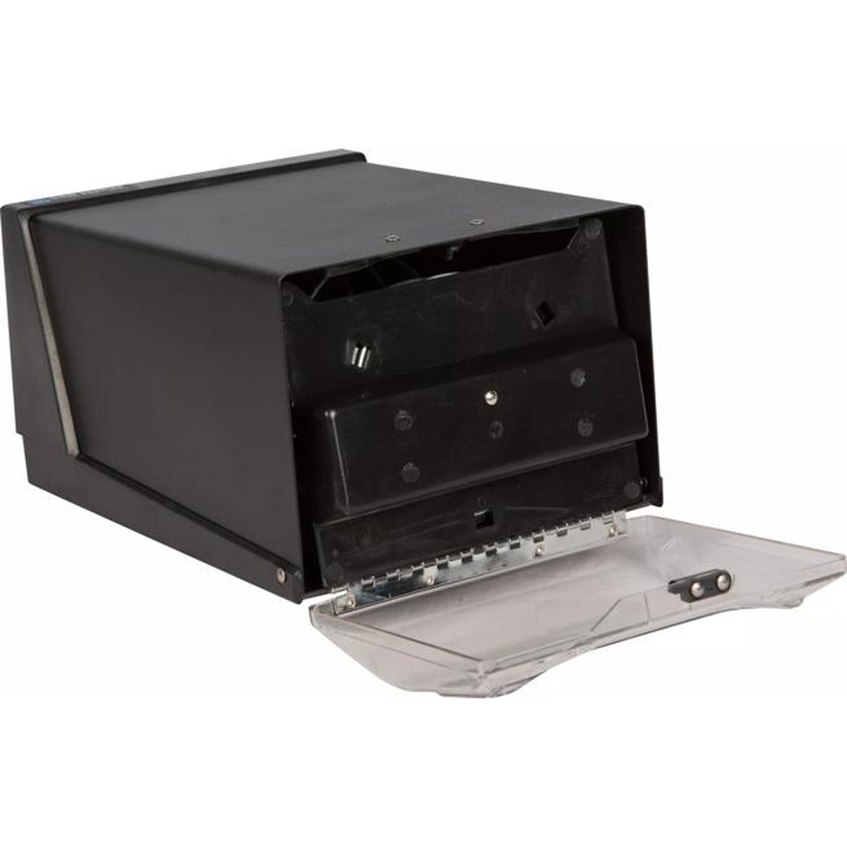 San Jamar H3001CLBK countertop napkin dispenser with faceplate open, showing interior mechanism