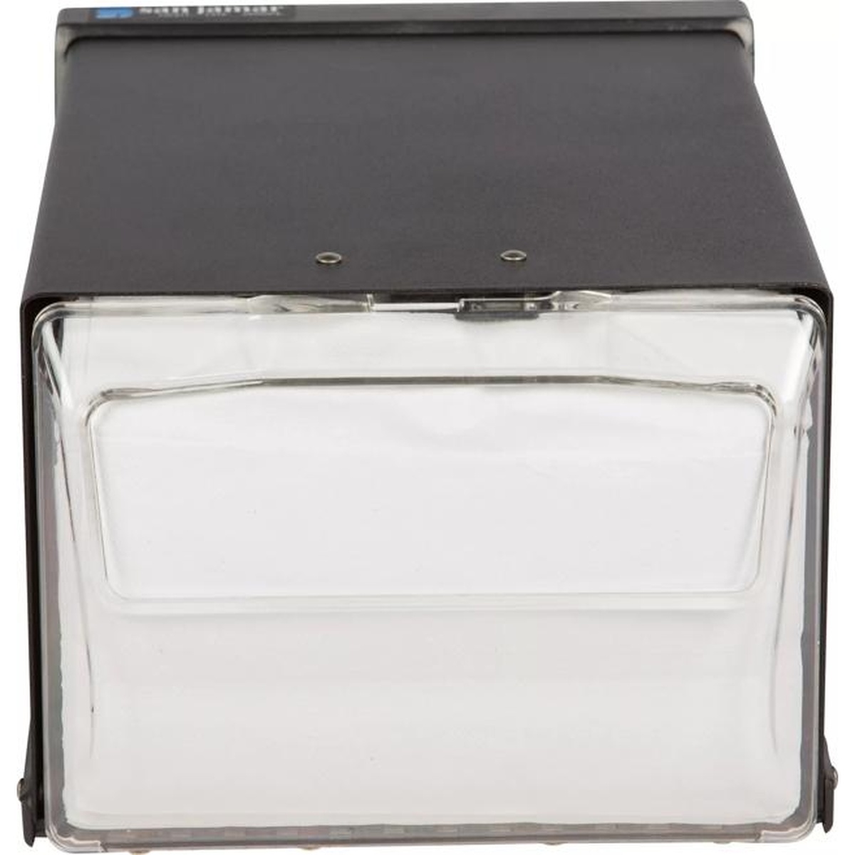 San Jamar H3001CLBK countertop napkin dispenser, direct front view with napkins visible through clear faceplate