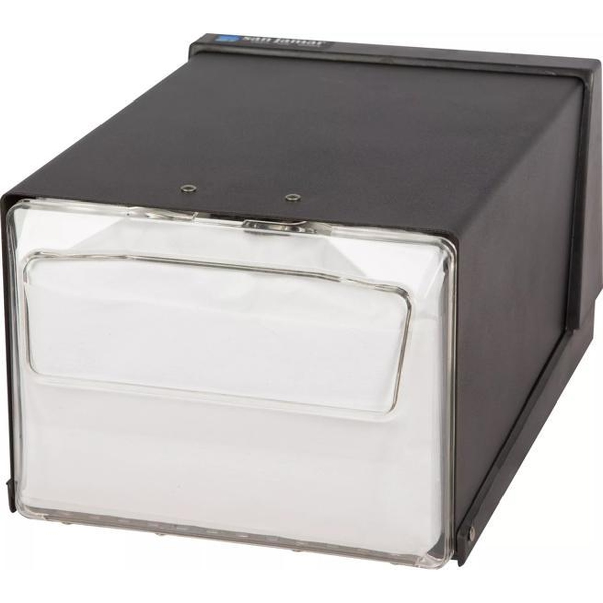 San Jamar H3001CLBK napkin dispenser loaded with white fullfold napkins, front three-quarter view