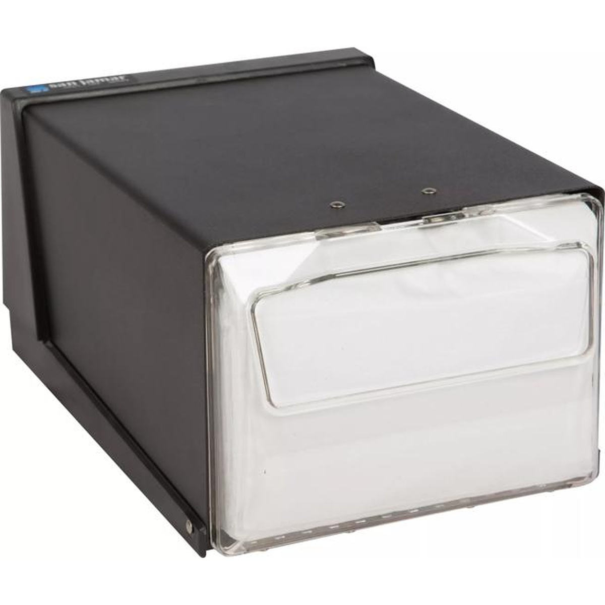San Jamar H3001CLBK black countertop napkin dispenser, angled side view showing steel body and clear faceplate