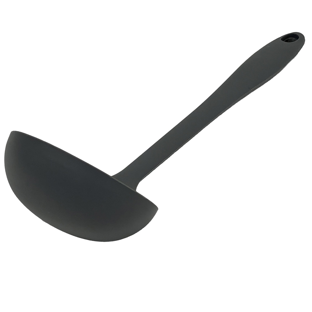 Tablecraft H3900GY gray silicone ladle, angled view showing the deep rounded bowl and ergonomic handle