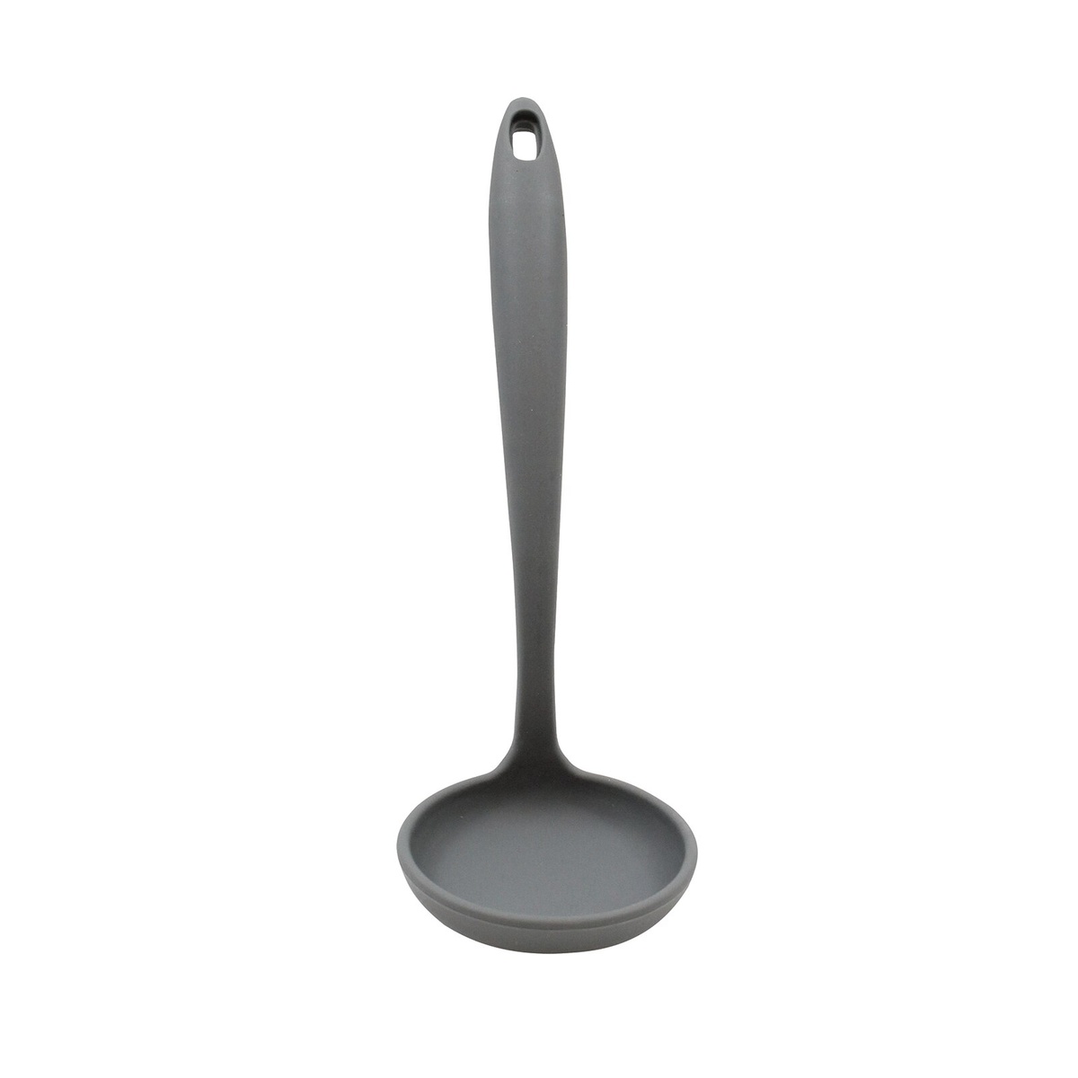 Tablecraft H3900GY gray silicone ladle, front view showing round bowl and long handle with hang hole