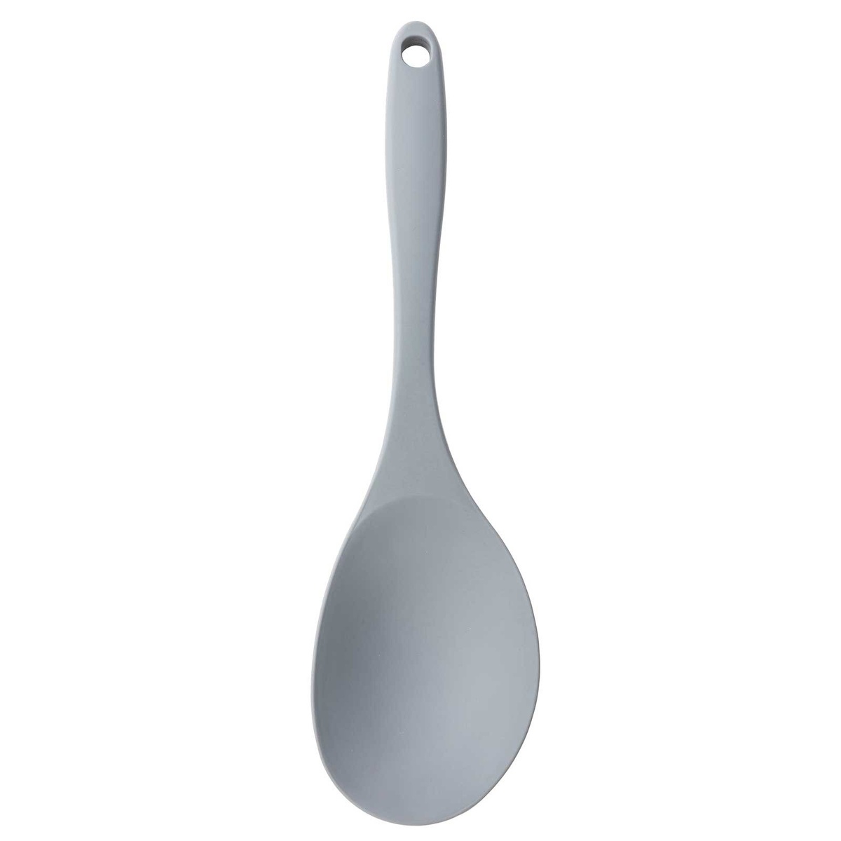 Tablecraft H3902GY gray silicone spoon with hanging hole, full length view on white background