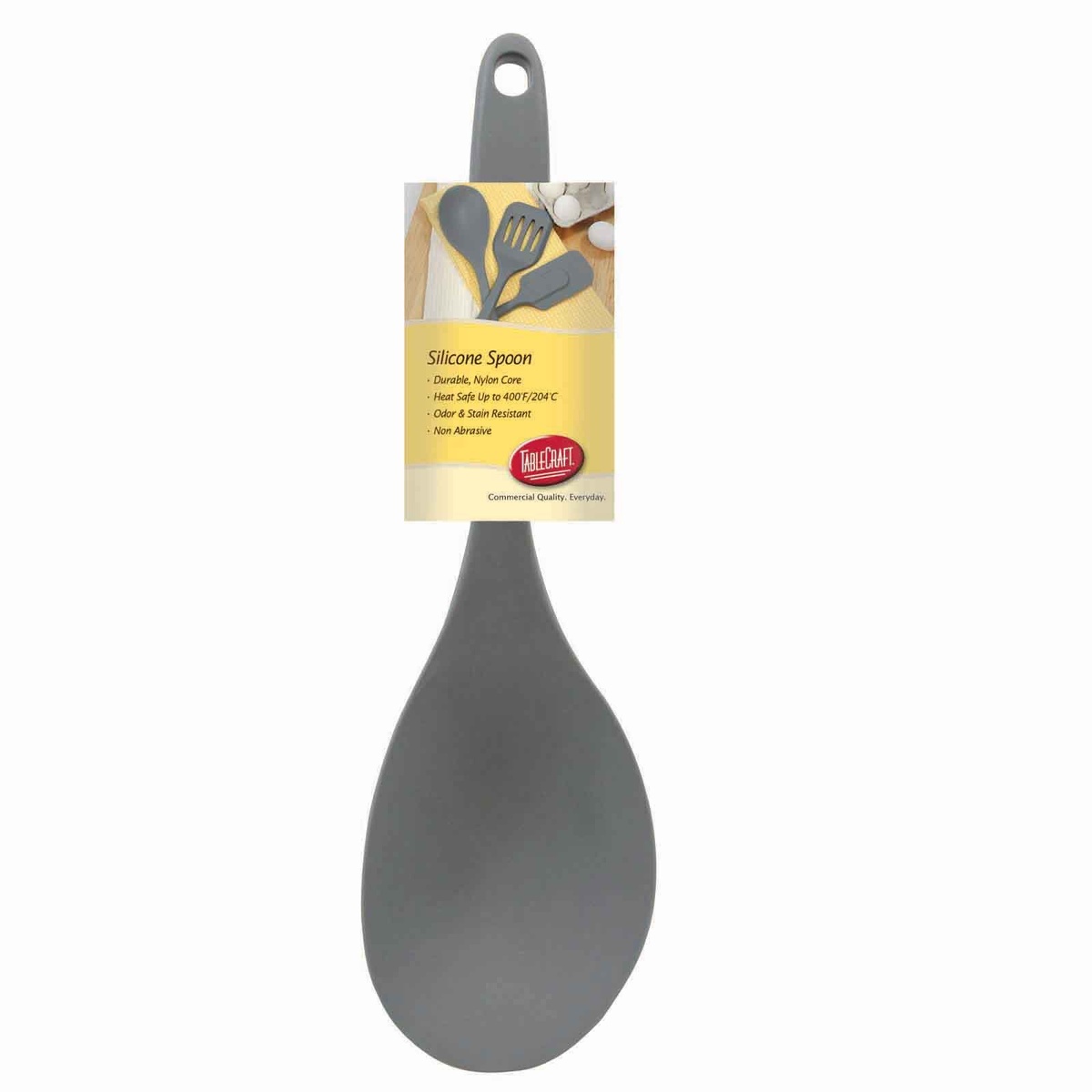 Tablecraft H3902GY gray silicone spoon displayed in retail packaging with feature callouts