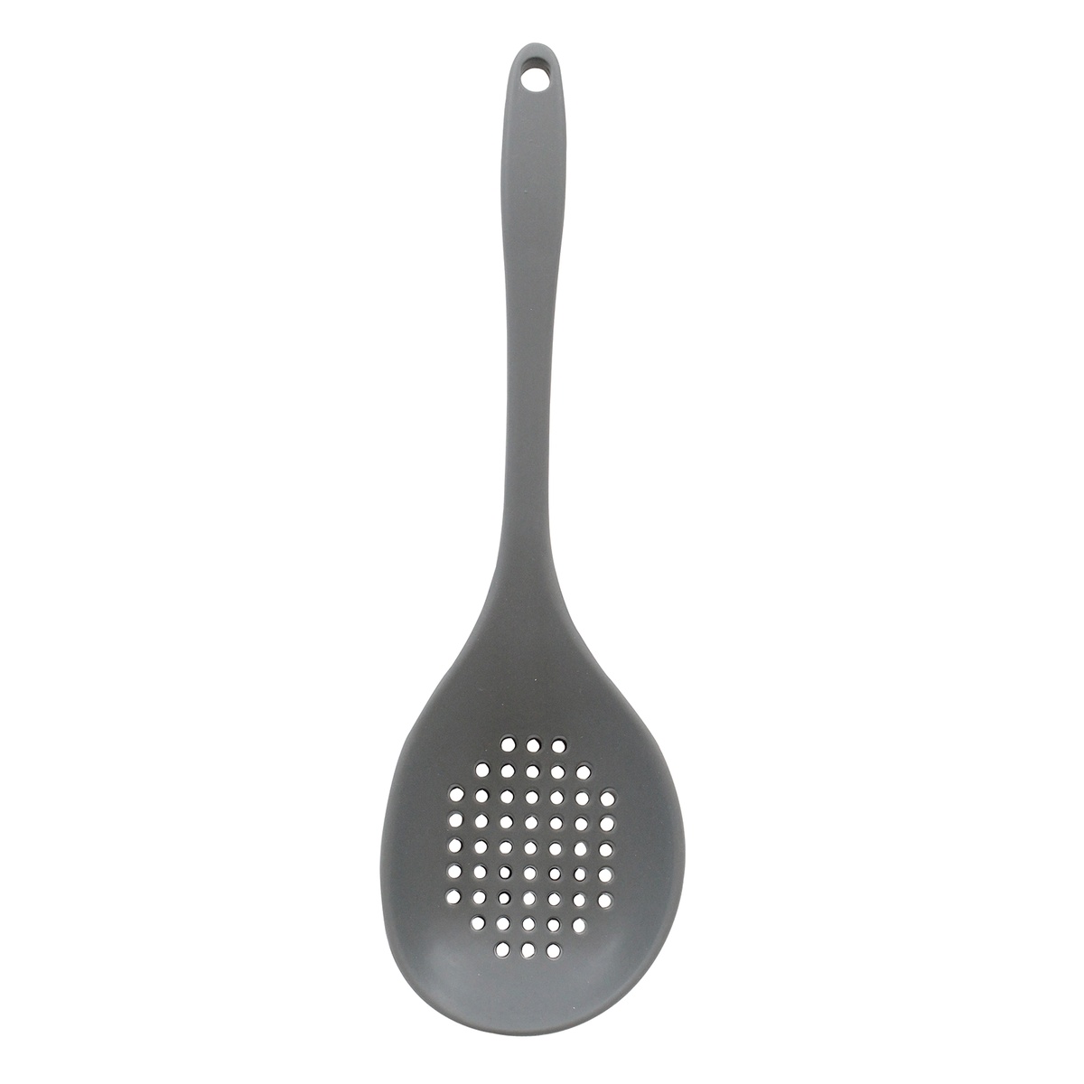 Tablecraft H3903GY gray silicone perforated spoon, full view showing perforated bowl and long handle with hanging hole