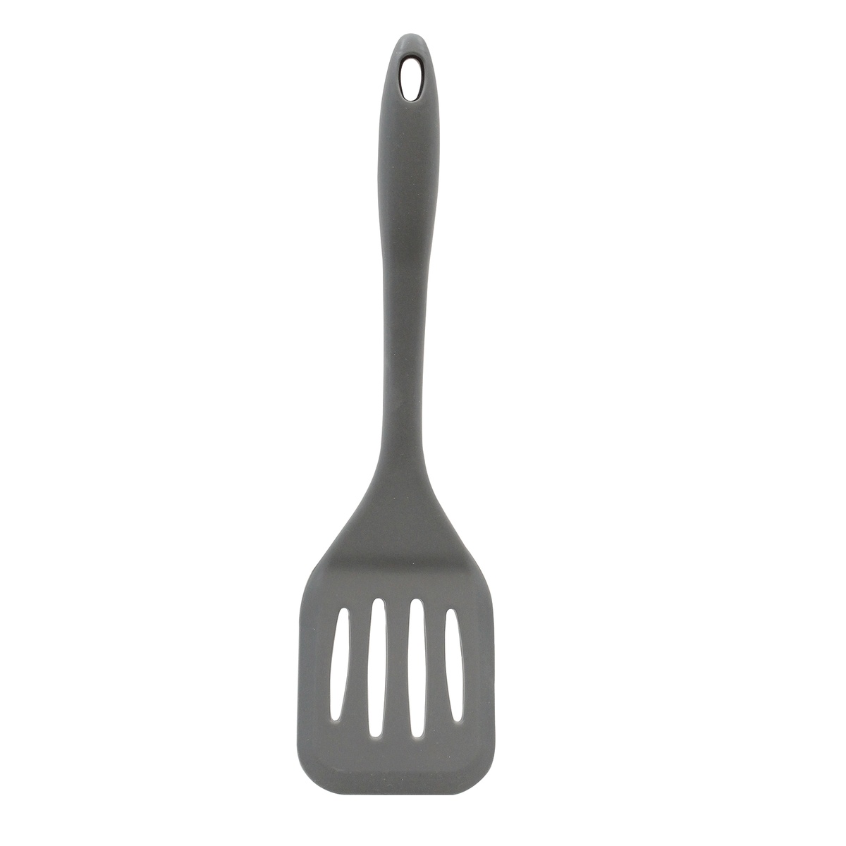 Tablecraft H3905GY gray silicone slotted turner, full view on white background