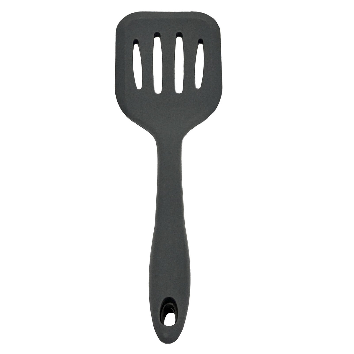 Close-up of the gray silicone slotted turner blade showing four drainage slots and hanging hole