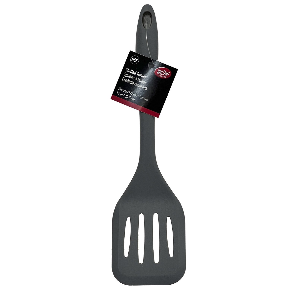 Tablecraft gray silicone slotted turner with NSF-certified hang tag attached