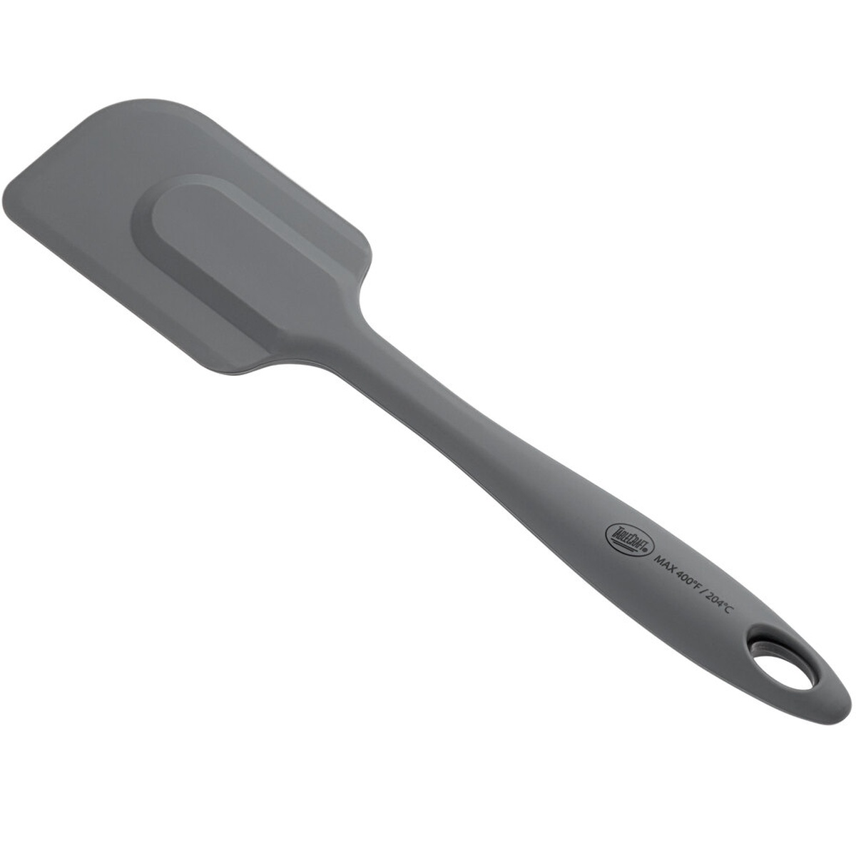 TableCraft H3909GY 10-1/4 inch gray silicone spatula with hanging hole and MAX 400F marking on handle