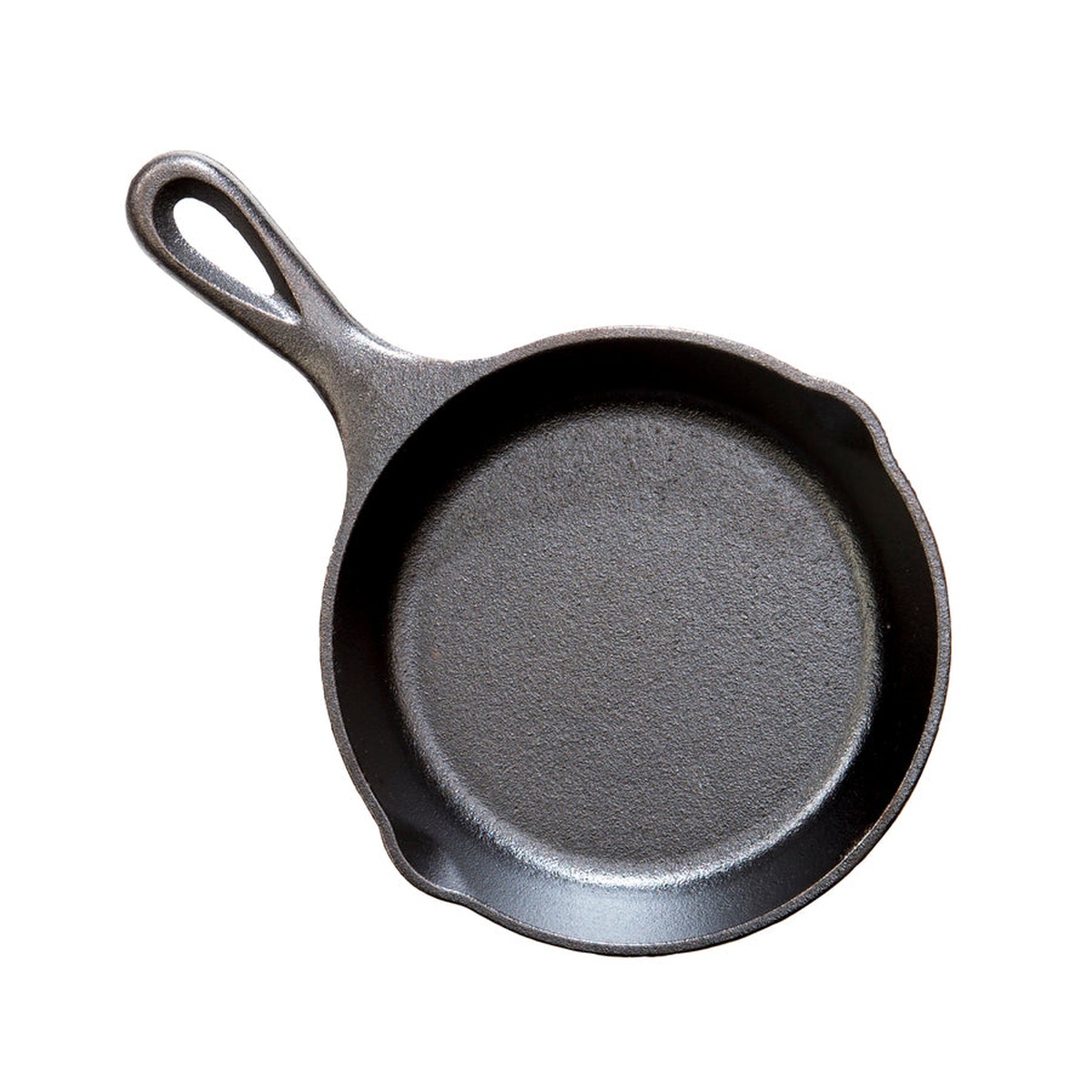 Top down view of a round 6.5 inch cast iron skillet