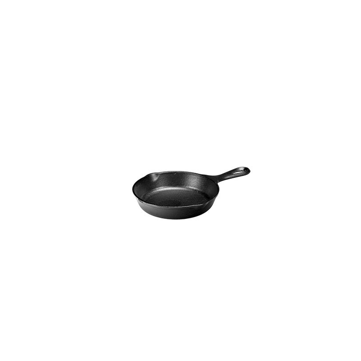 Angled view of a 6.5 inch heat treated cast iron skillet