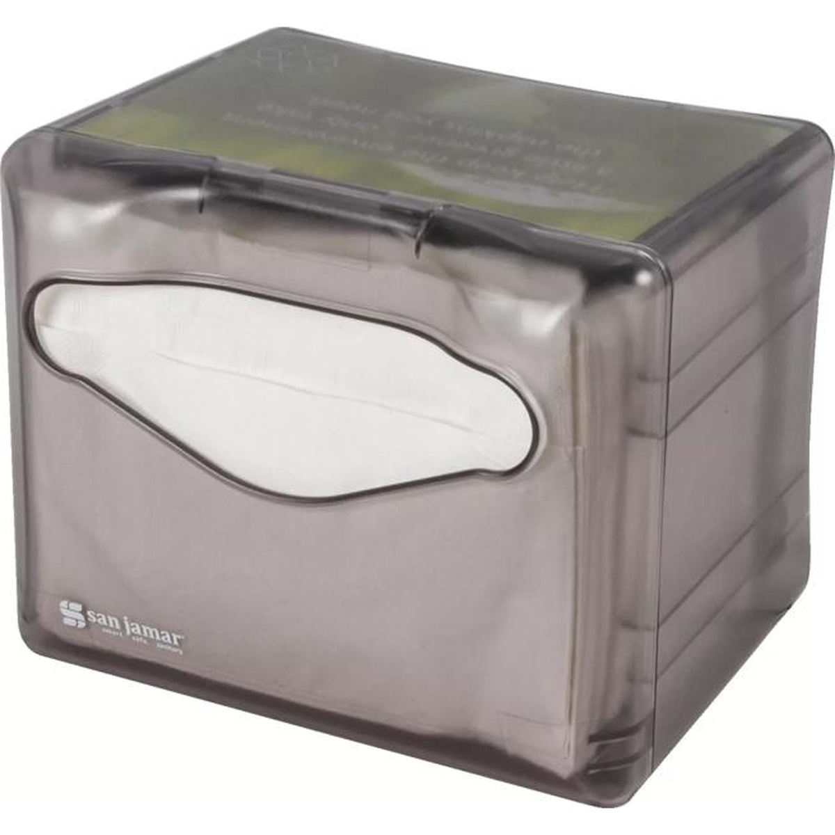 San Jamar Venue tabletop napkin dispenser front view showing push plate opening with white napkin accessible