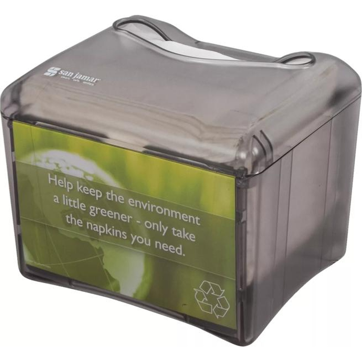 San Jamar Venue napkin dispenser showing optional ad insert slot with promotional messaging panel installed