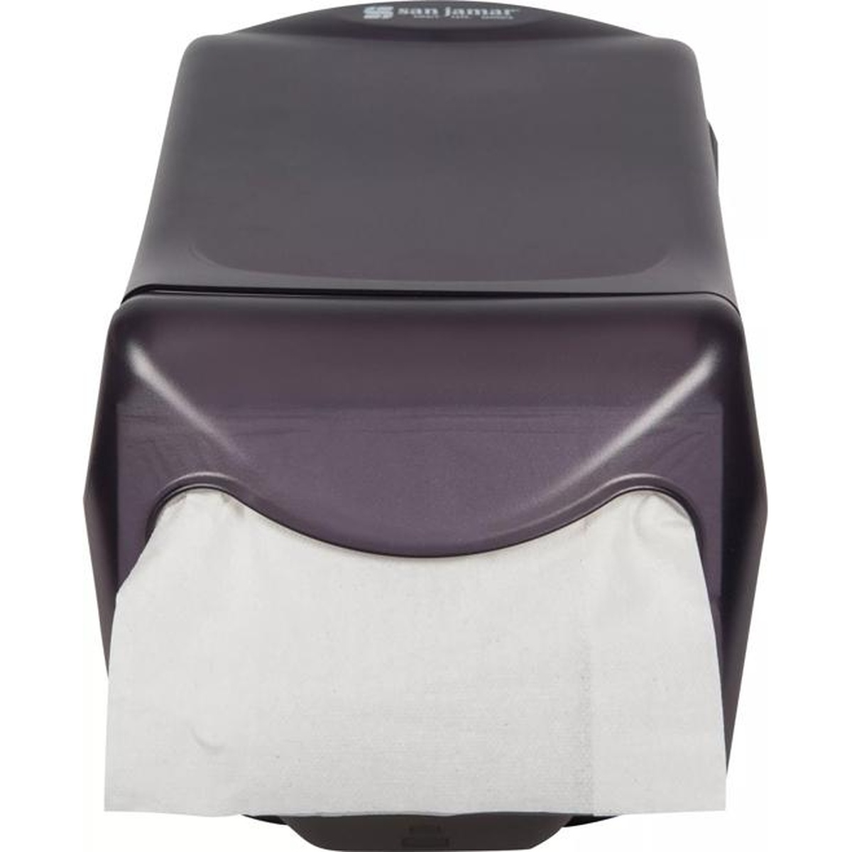 San Jamar Venue black countertop napkin dispenser, front view showing interfold napkin dispensing slot