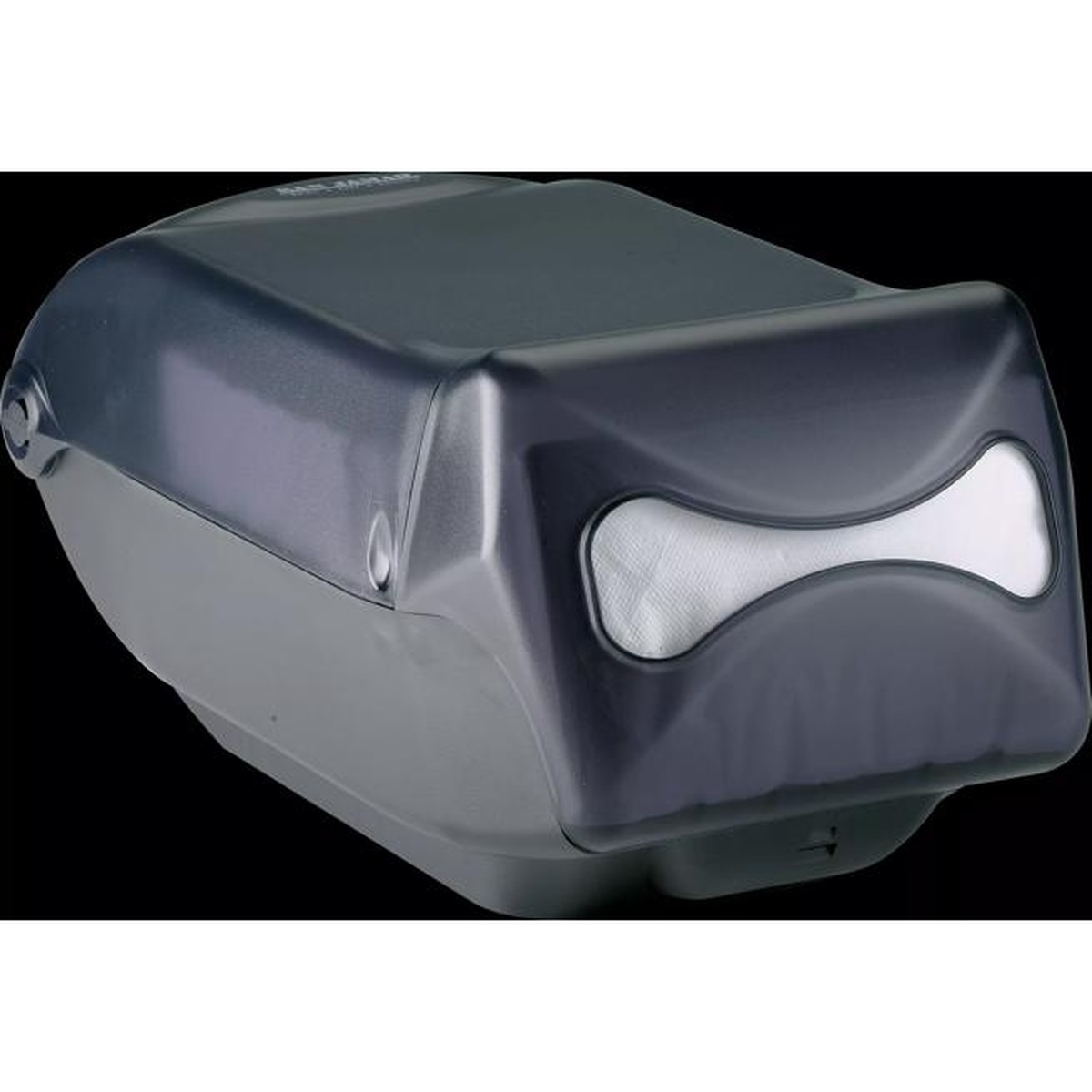 San Jamar Venue black napkin dispenser angled view showing translucent black pearl finish and dispensing opening