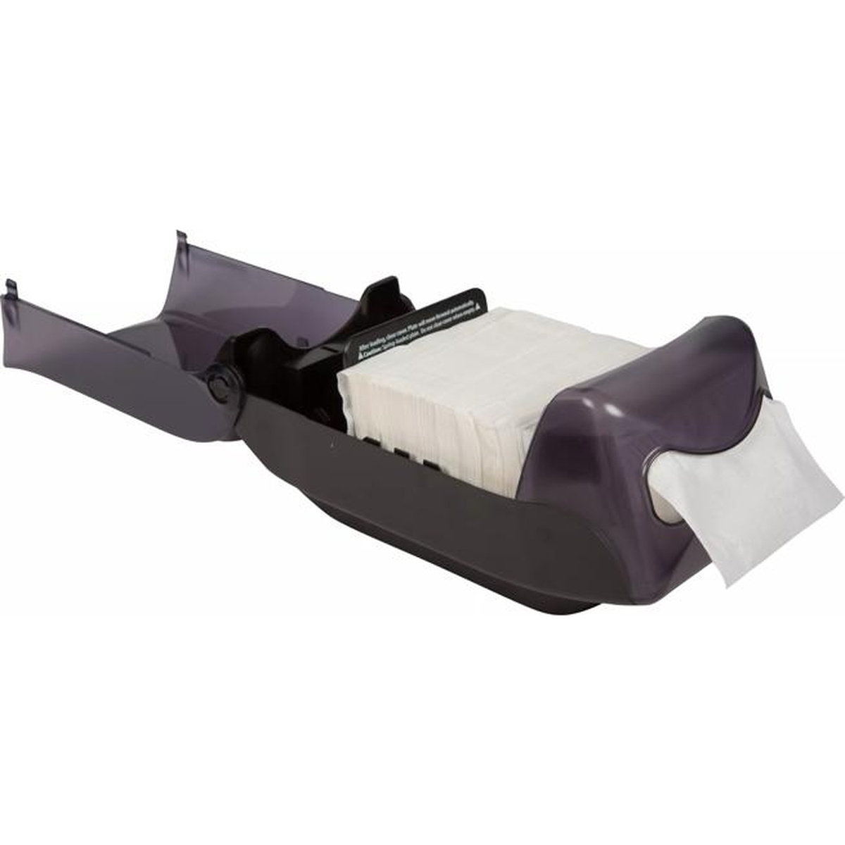 San Jamar Venue dispenser shown open with cover swung back, revealing loaded interfold napkins and pressure plate mechanism