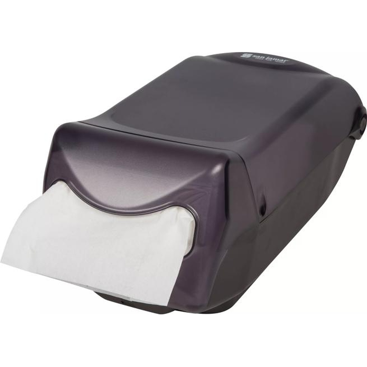 San Jamar Venue black napkin dispenser angled three-quarter view on white background with napkin extended