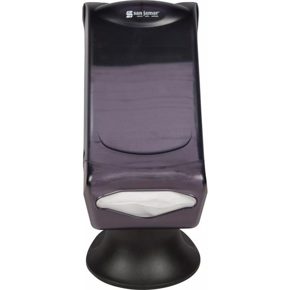 Venue napkin dispenser front view with napkins visible through the translucent black pearl body