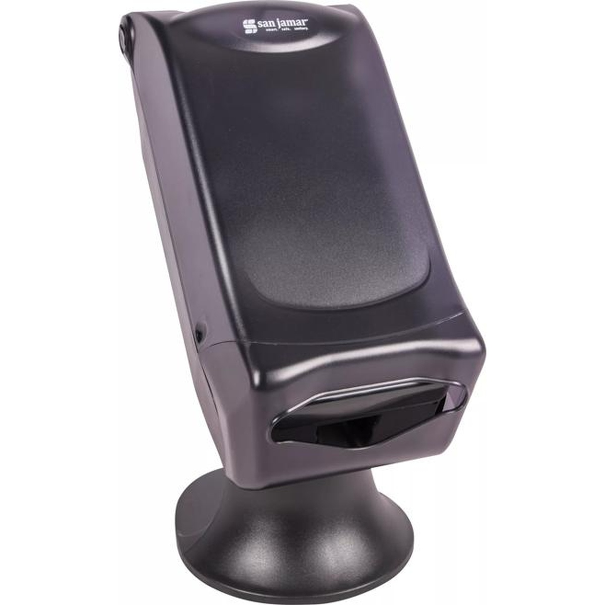 Venue napkin dispenser rear-angled view showing the freestanding pedestal stand base and overall profile