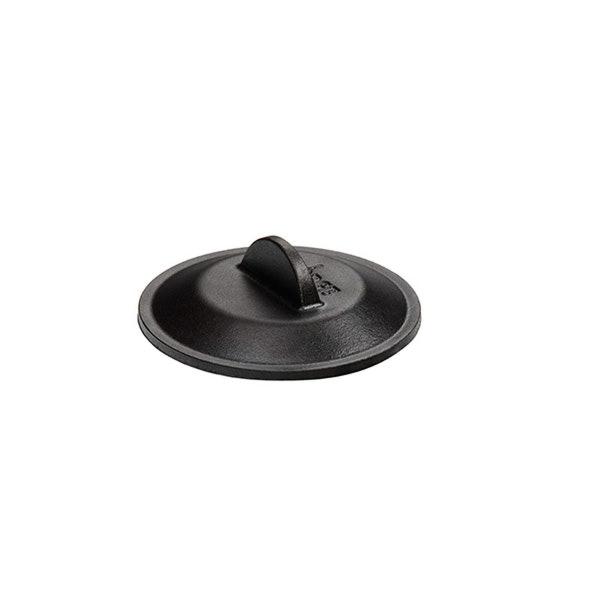 Lodge H5MIC 5-inch heat-treated seasoned cast iron lid with loop handle, viewed from above on white background