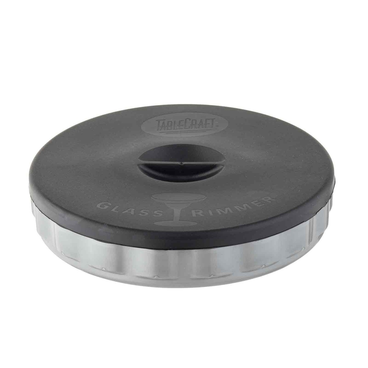 TableCraft H634 Glass Rimmer closed with TPE lid, top view showing cocktail glass embossed logo