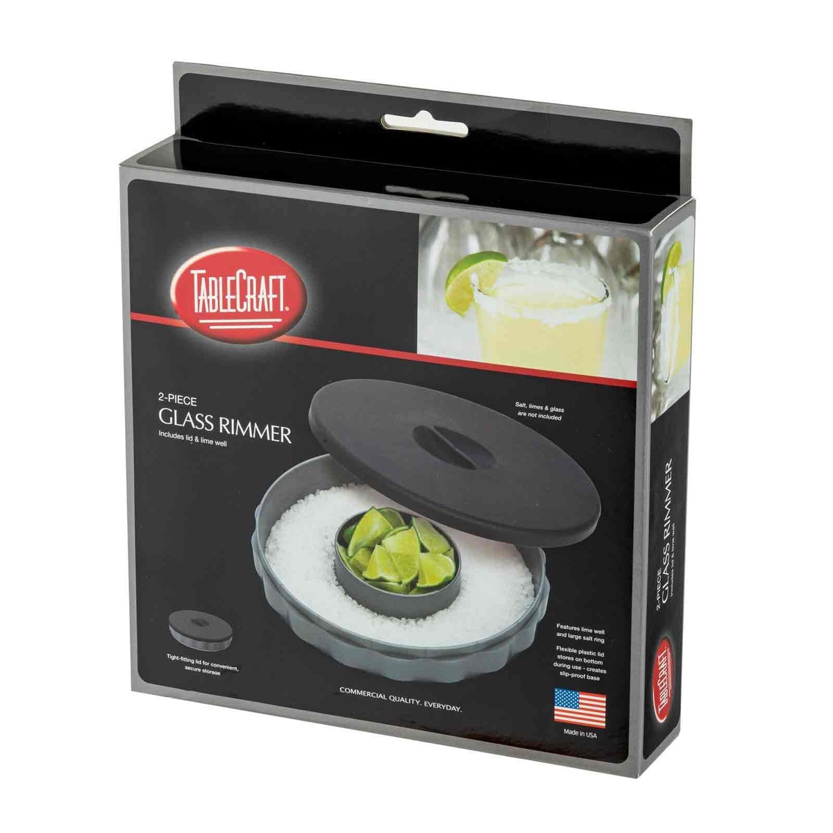 TableCraft H634 2-Piece Glass Rimmer retail packaging showing product contents and Made in USA badge