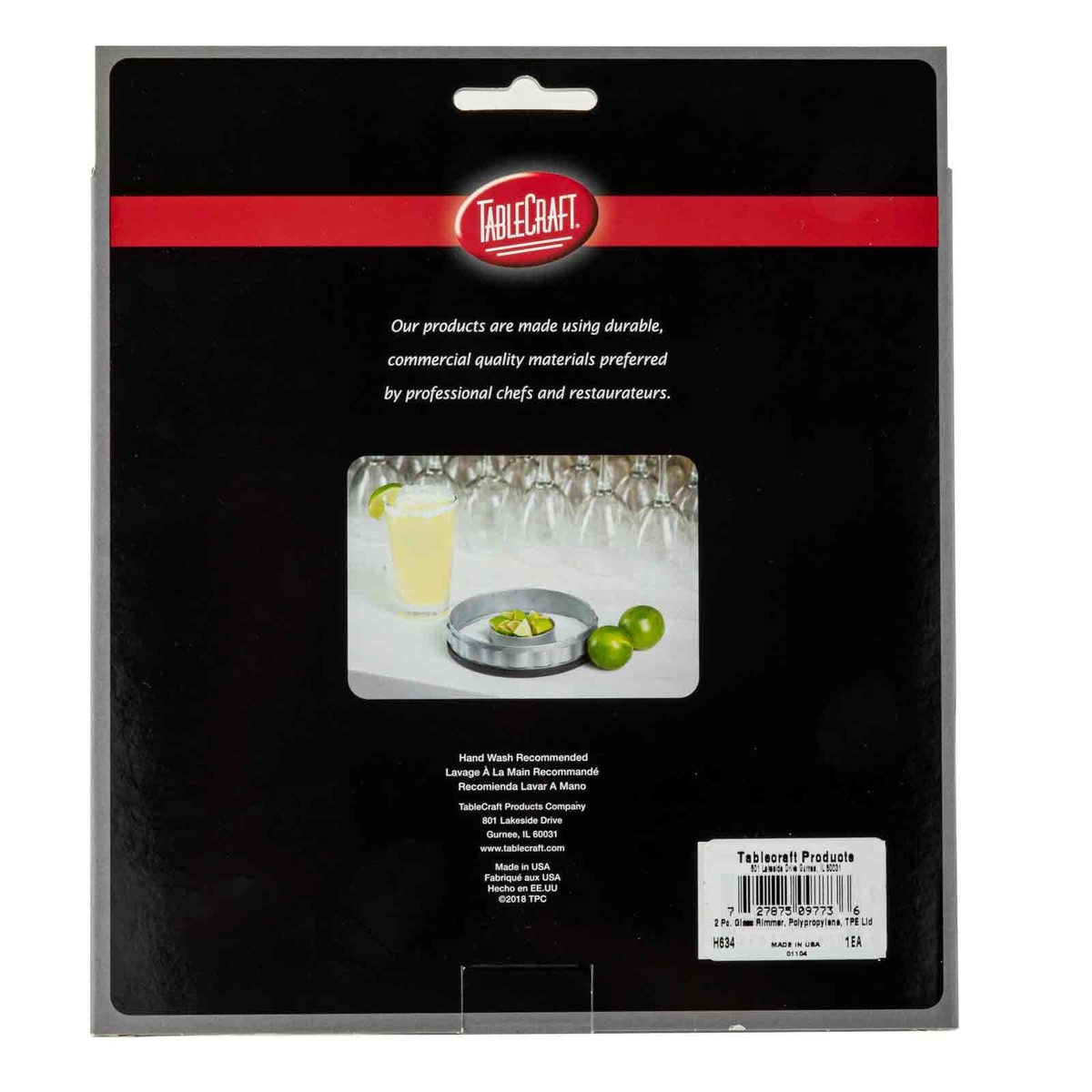 TableCraft H634 Glass Rimmer packaging back panel showing product details and hand wash care instructions