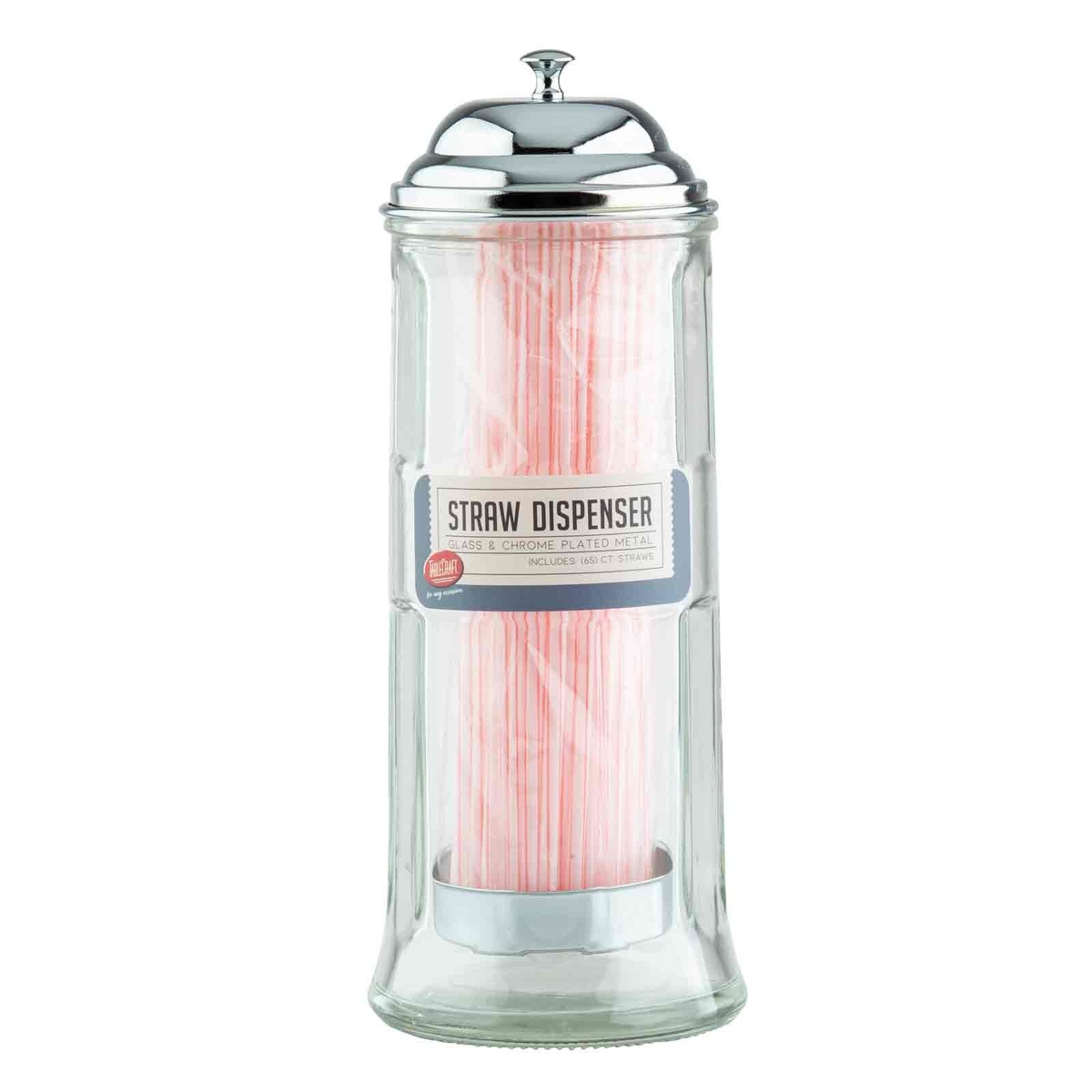 TableCraft H714CH glass straw dispenser shown in retail packaging with red-and-white striped straws inside, chrome dome lid