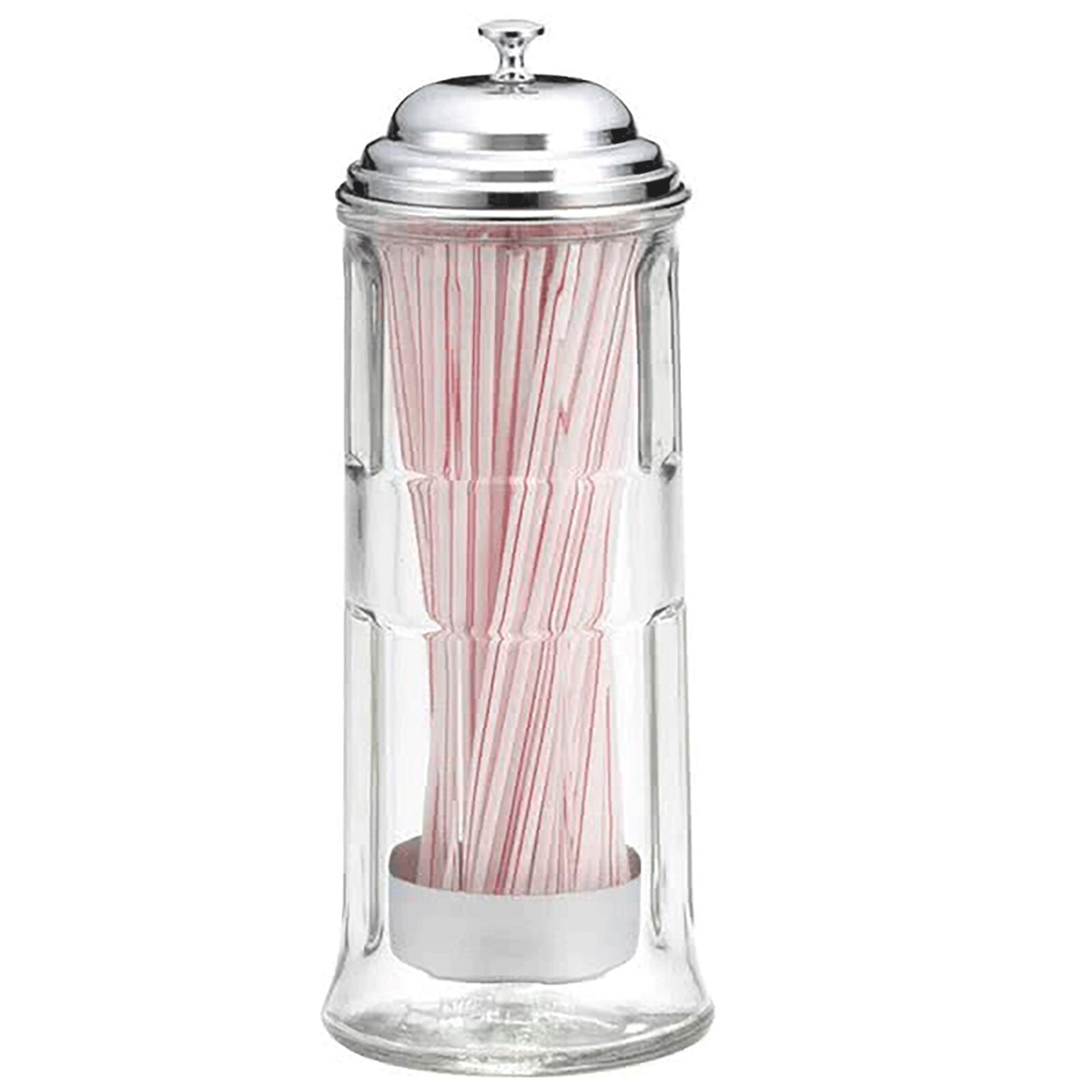 TableCraft H714CH clear glass straw dispenser filled with red-and-white striped straws, chrome dome lid