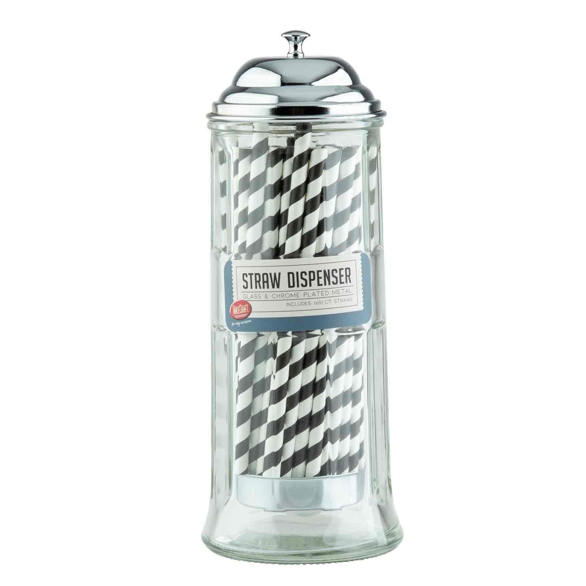 TableCraft glass straw dispenser with black-and-white striped straws and branded straw dispenser label on white background