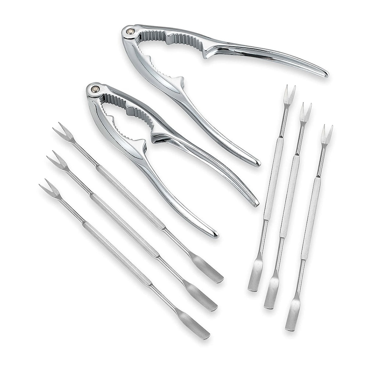 TableCraft 8-piece seafood kit featuring two chrome-plated crackers and six stainless steel fork picks