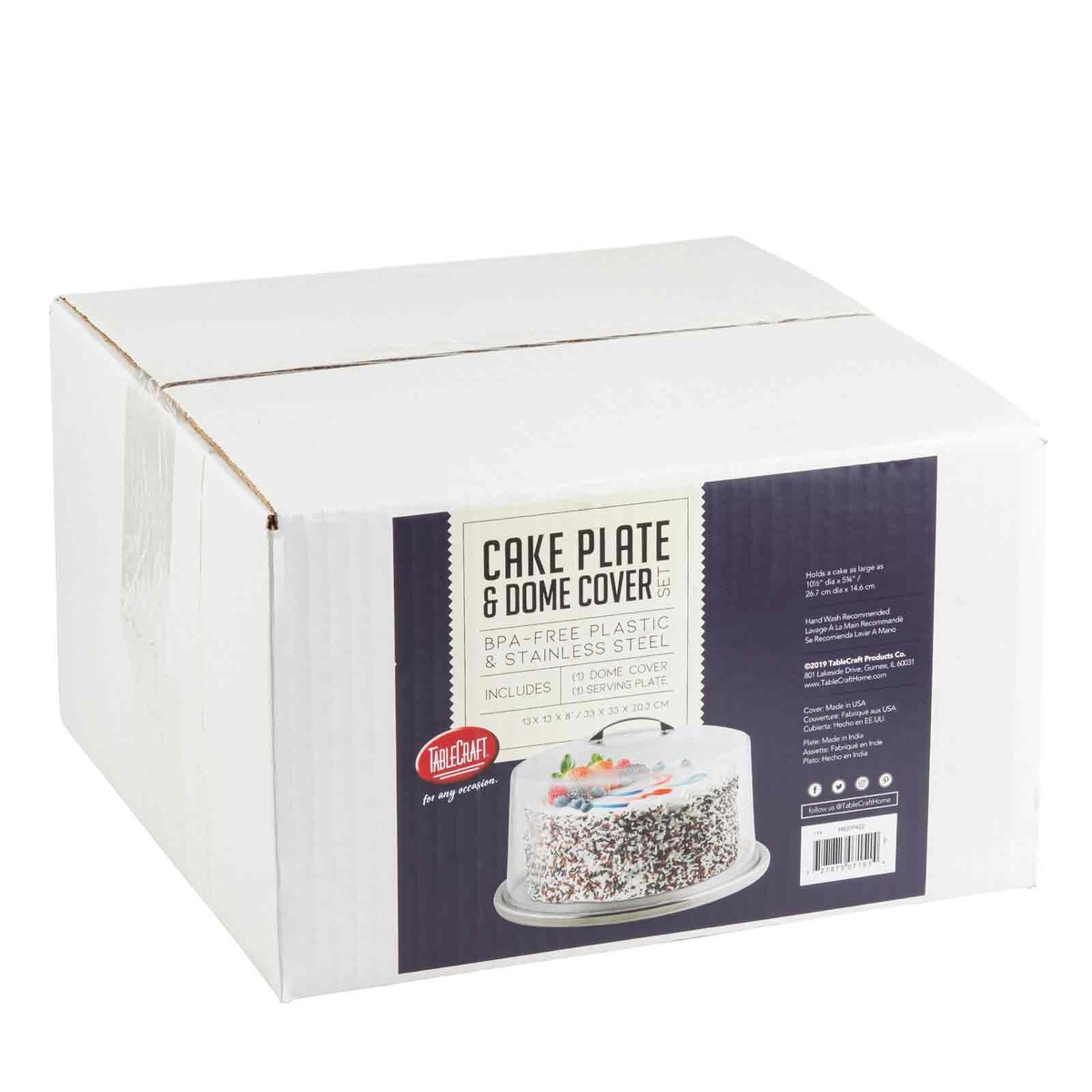 TableCraft H820P422 Cake Plate and Dome Cover Set retail packaging box showing product contents and dimensions