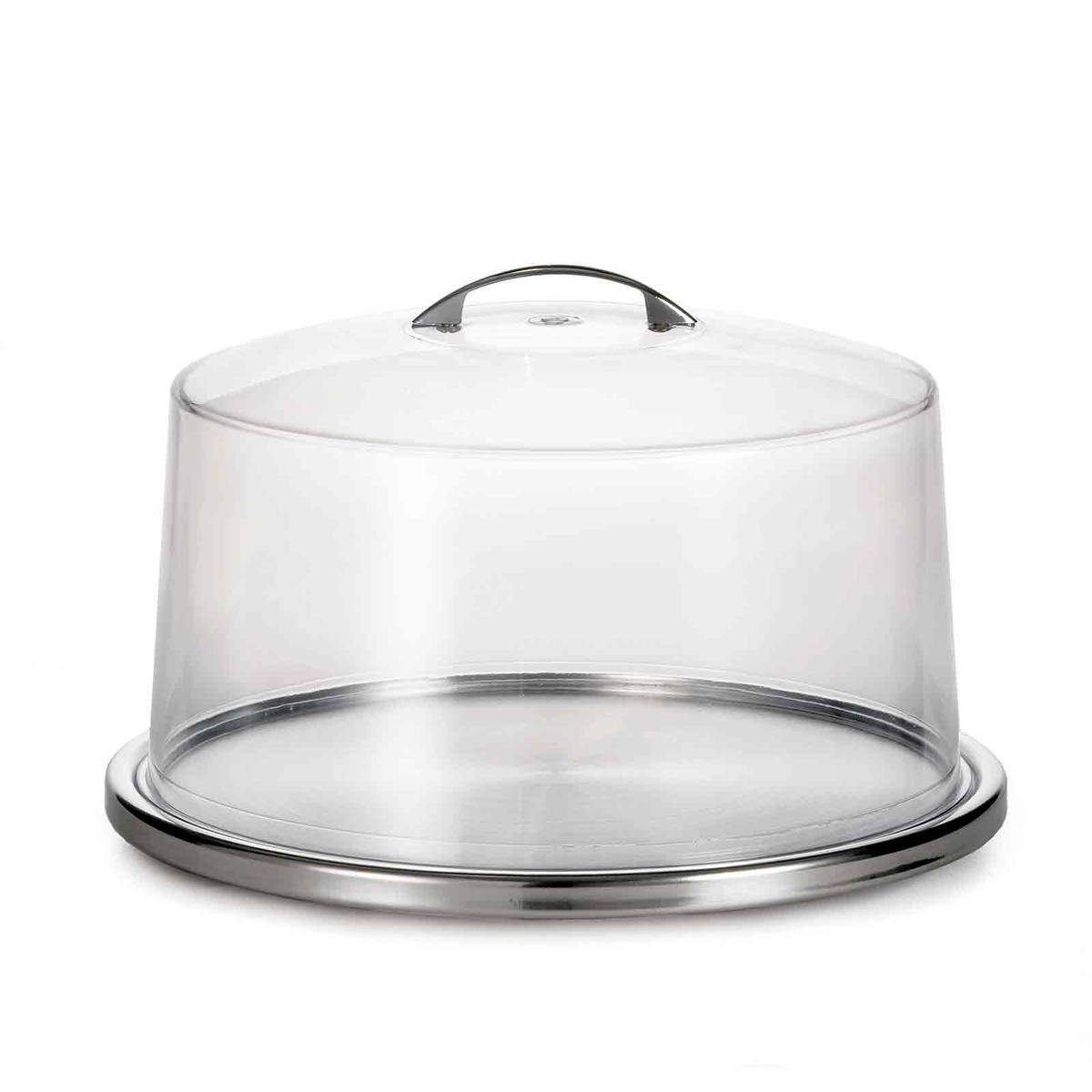 TableCraft H820P422 stainless steel cake plate with clear plastic dome cover and metal handle on white background