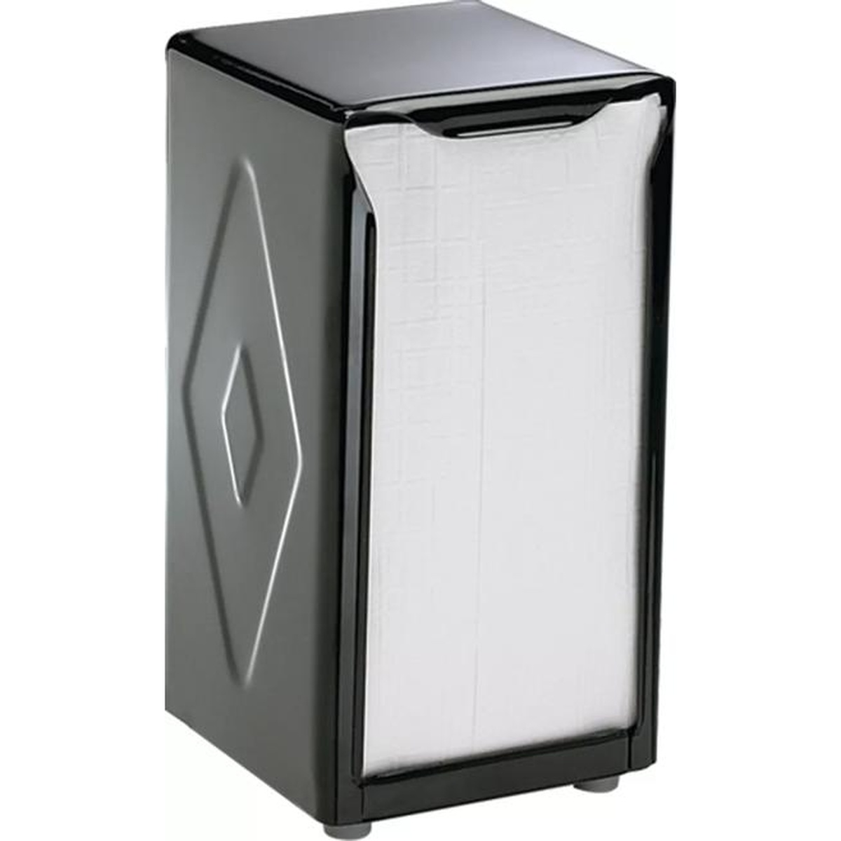 Black tabletop napkin dispenser side view showing diamond emboss detail with white tallfold napkins