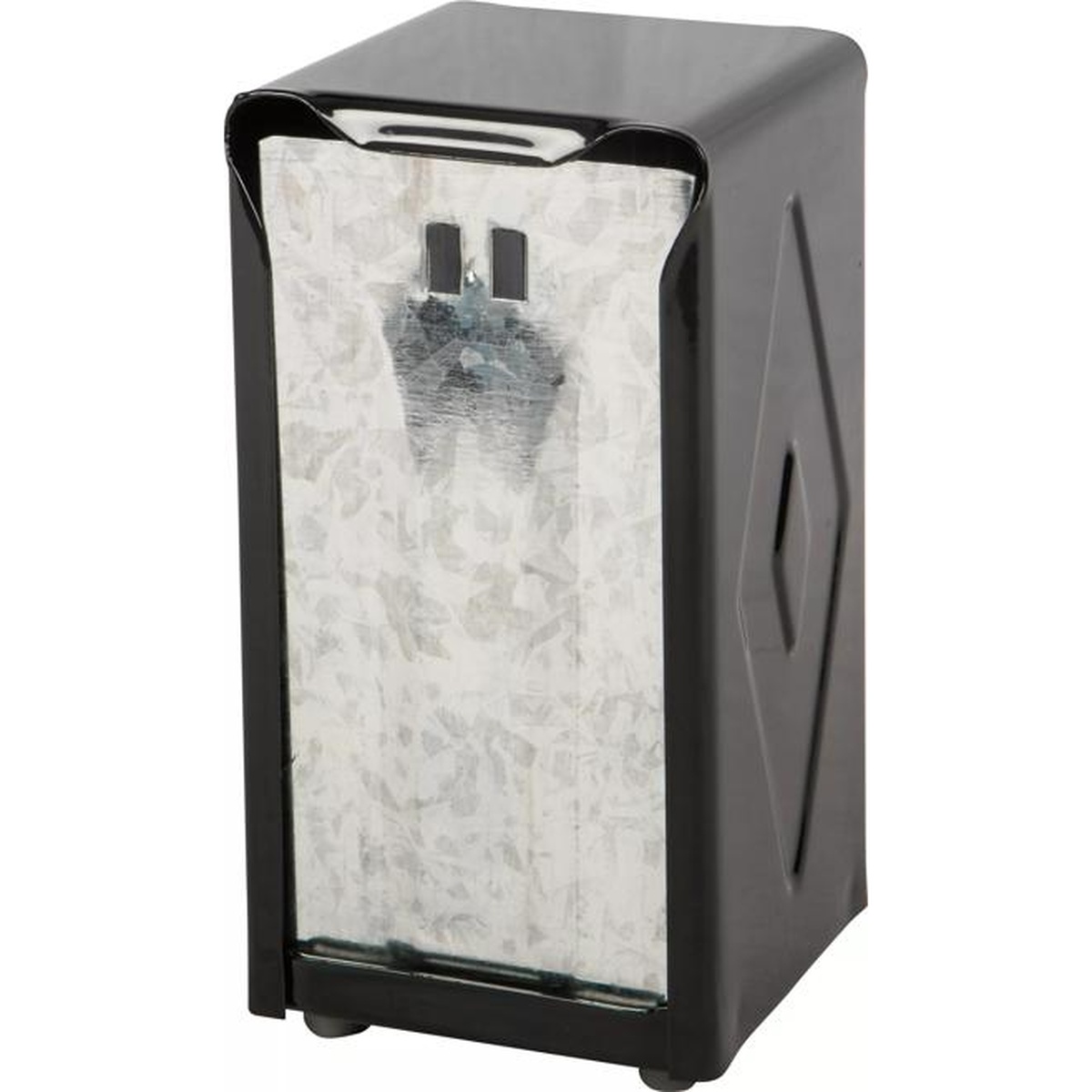 Black napkin dispenser angled front view with napkins loaded showing faceplate and top slot