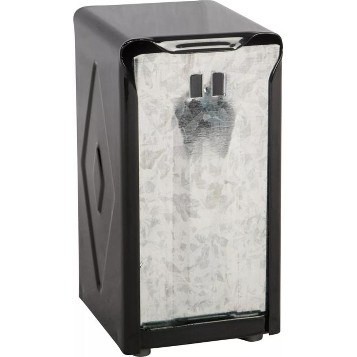 Black napkin dispenser angled view showing both front faceplate and side panel with diamond detail